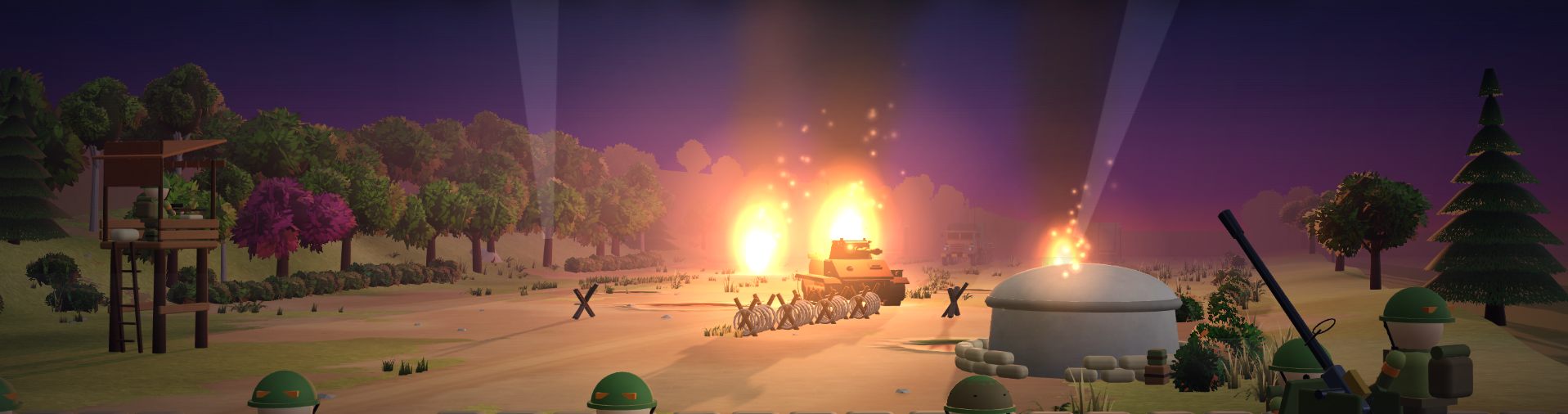 A battle at night: searchlights over the field, a tank burning behind the barbed wire, the Legion behind its sandbags